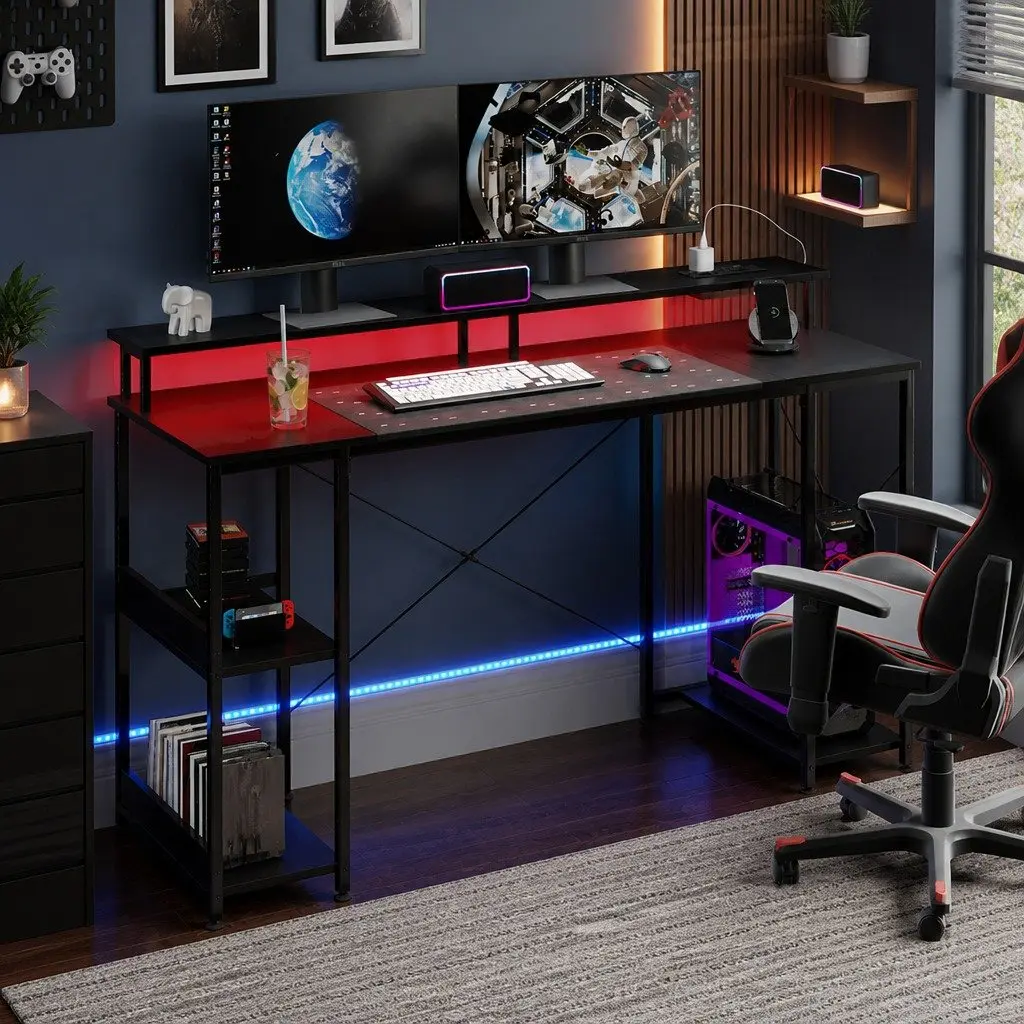 Gaming Desk with Monitor Shelf and LED Light