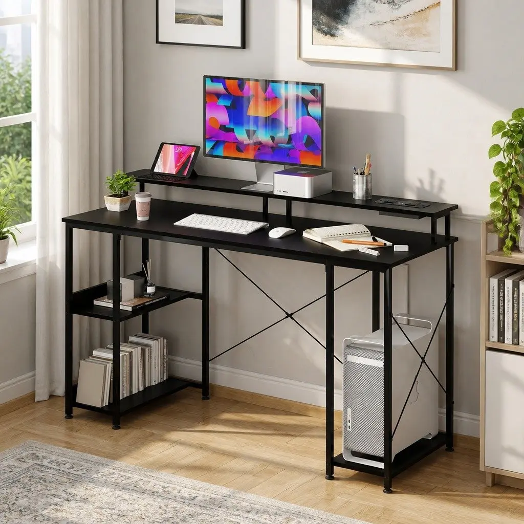 Gaming Desk with Monitor Shelf and LED Light