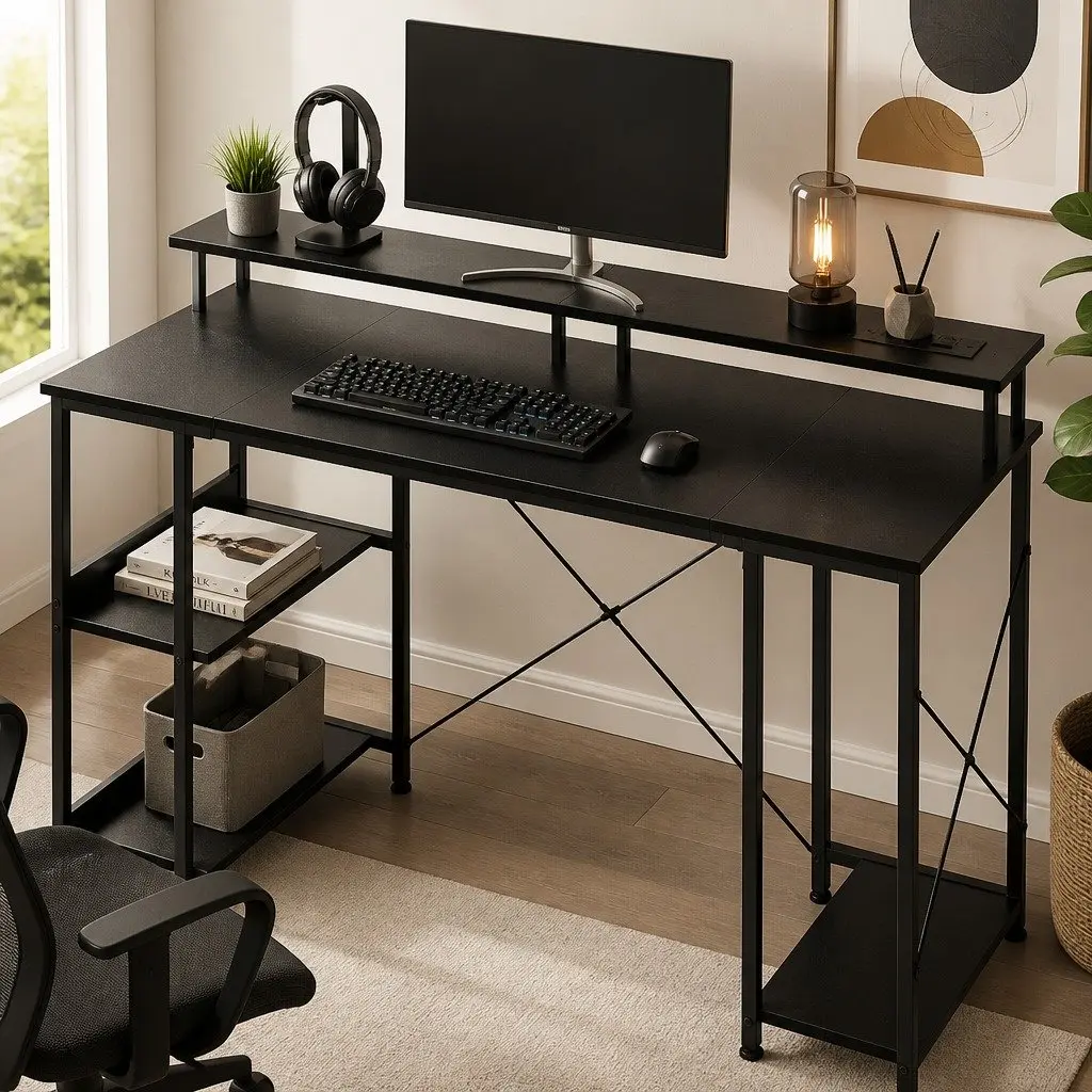Gaming Desk with Monitor Shelf and LED Light