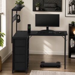 L-Shaped Computer Desk with LED Lights and Storage