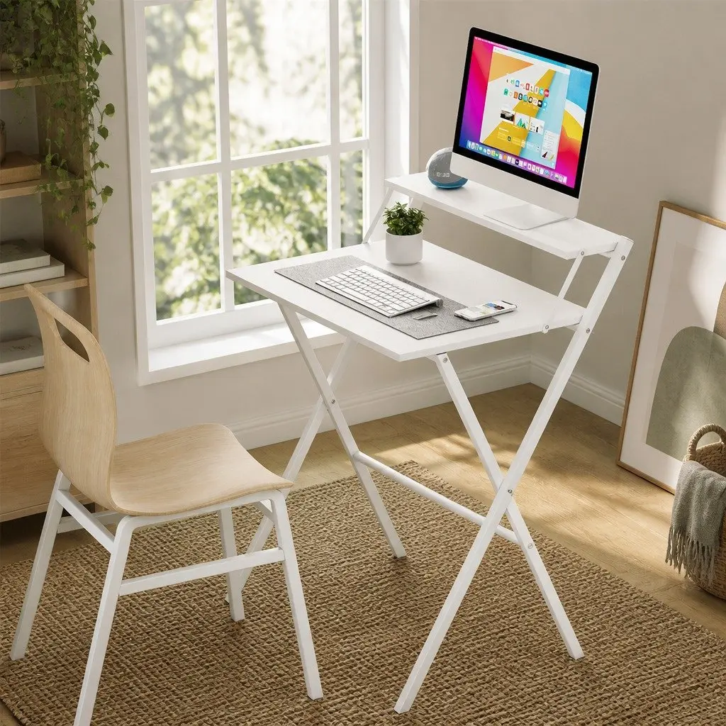 Foldable Computer Desk White 67.5 x 45 x 84 cm 15mm Particle Board PVC Steel Frame