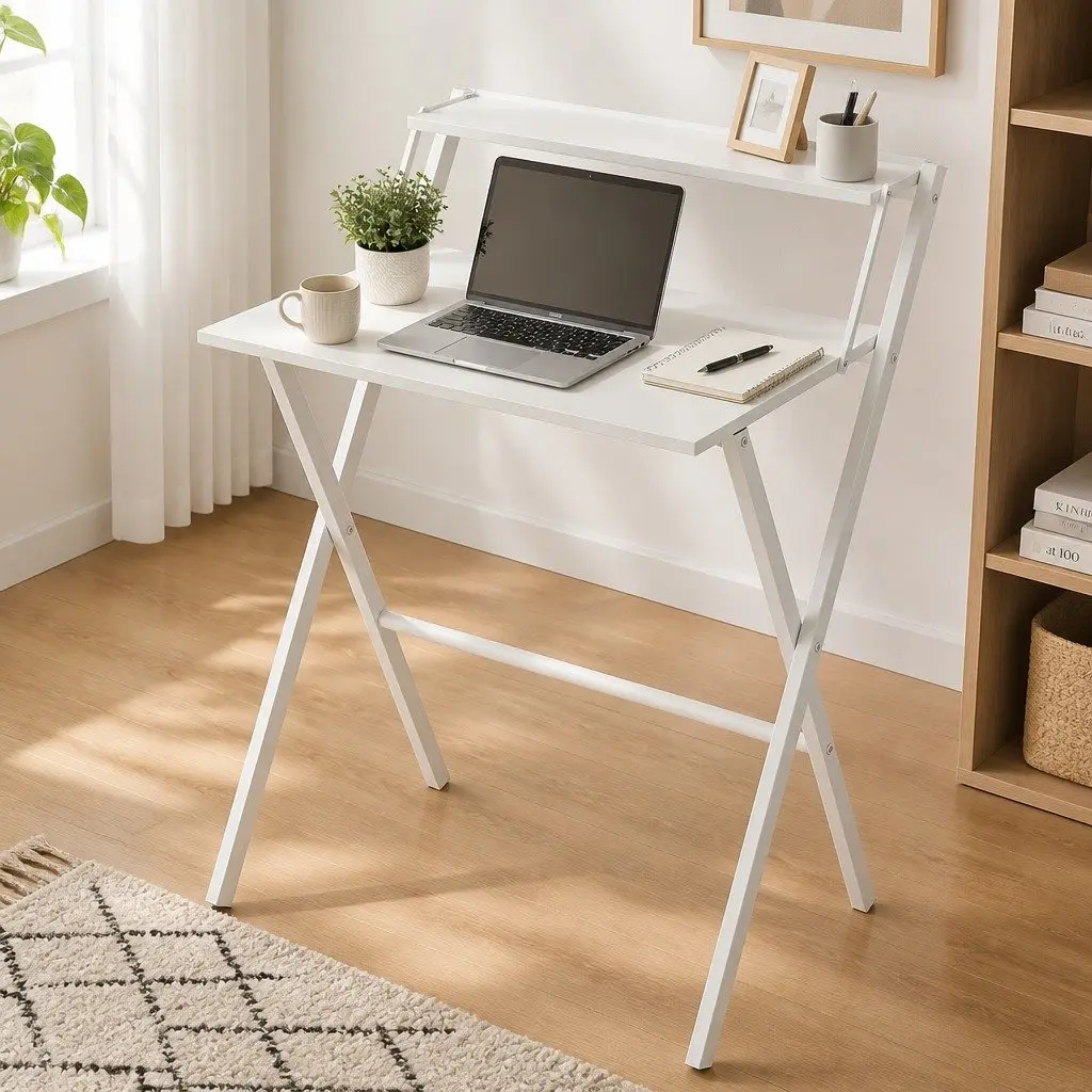 Foldable Computer Desk White 67.5 x 45 x 84 cm 15mm Particle Board PVC Steel Frame