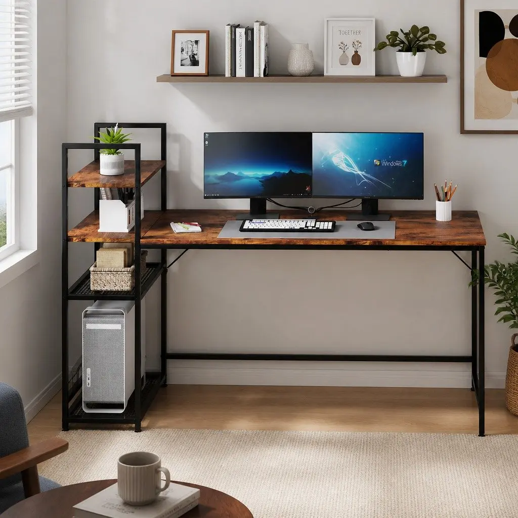 Computer Desk Study Table 4-Tier Storage Shelves Home Office Workstation 160cm