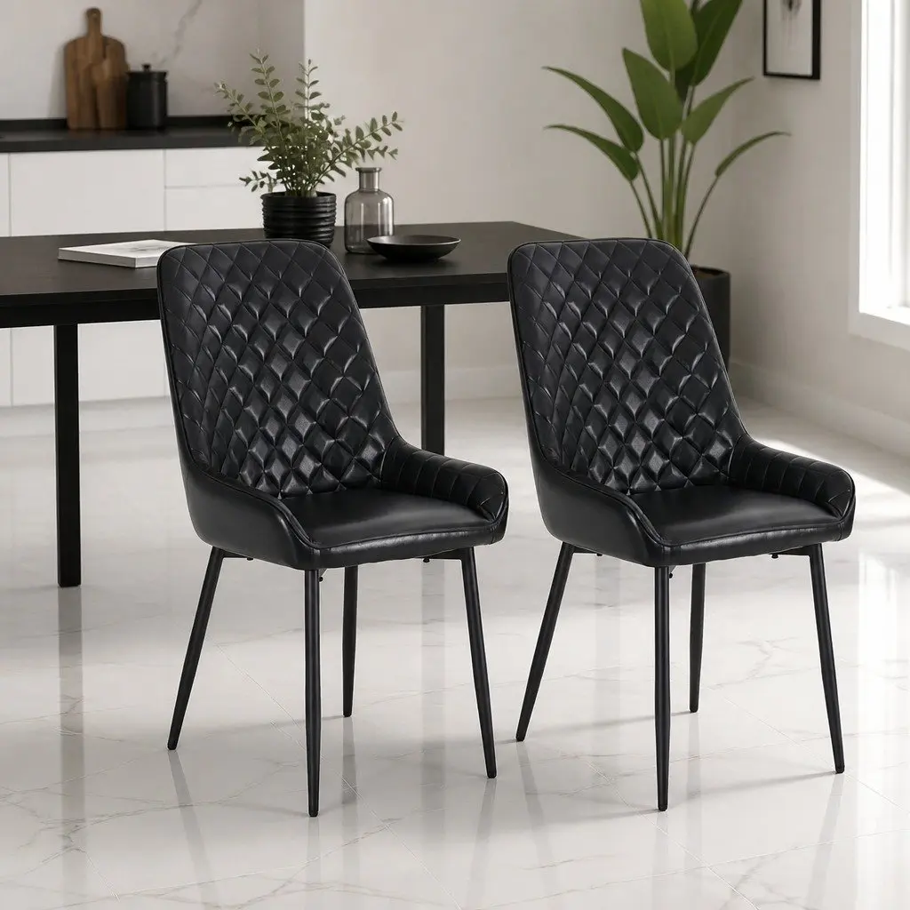 Set of 2 Retro Black PU Leather Dining Chairs