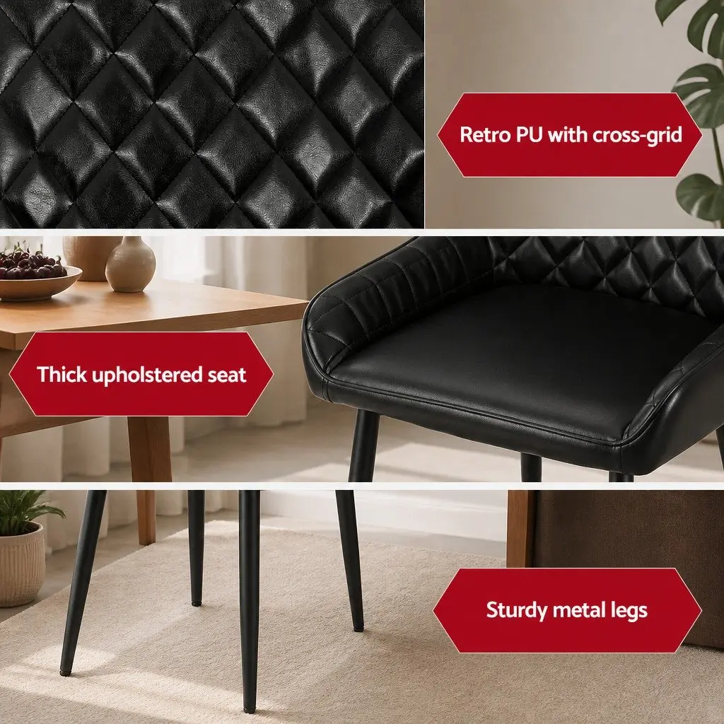 Set of 2 Retro Black PU Leather Dining Chairs