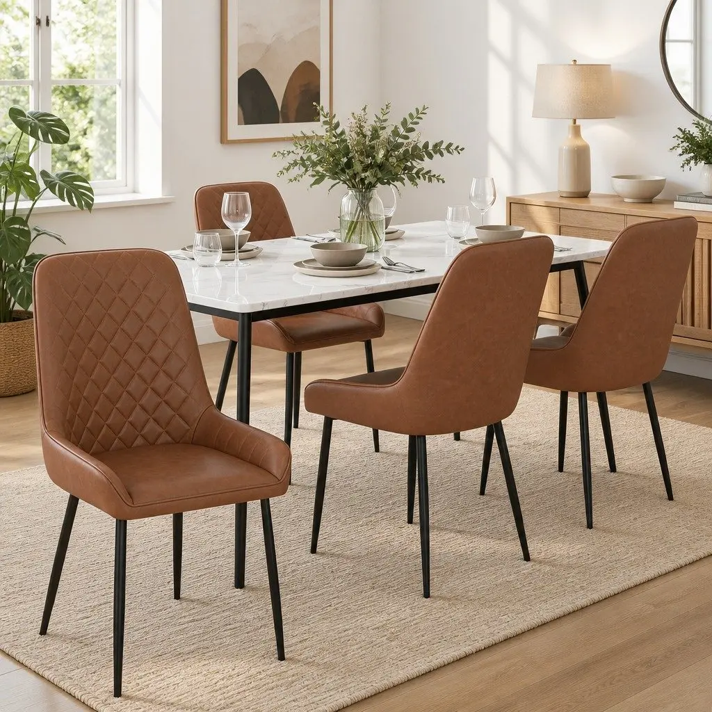 Dining Chairs Retro Brown PU Leather 4 Piece Metal