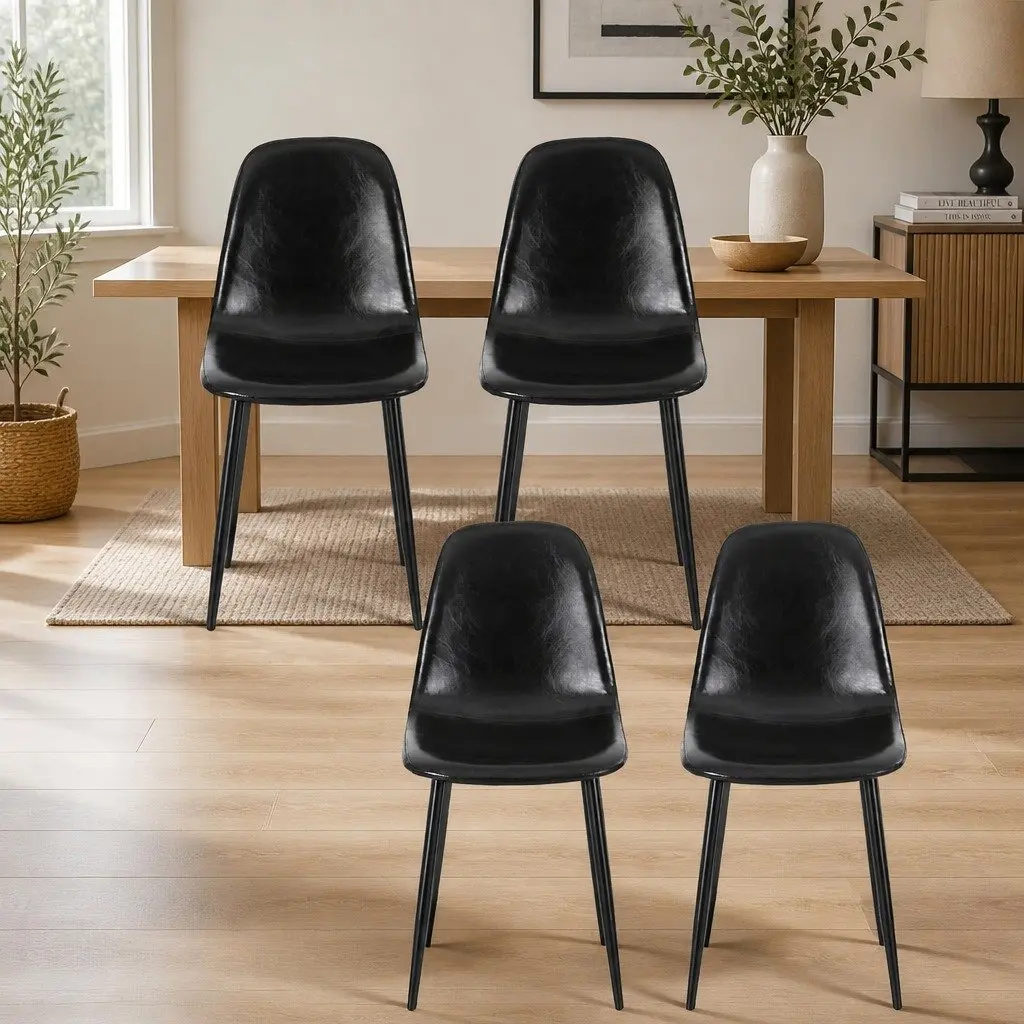 Dining Chairs Retro Black PU Leather Metal Legs Set of 4