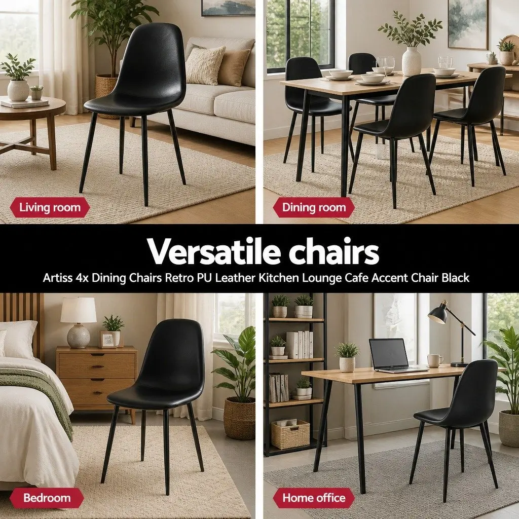 Dining Chairs Retro Black PU Leather Metal Legs Set of 4