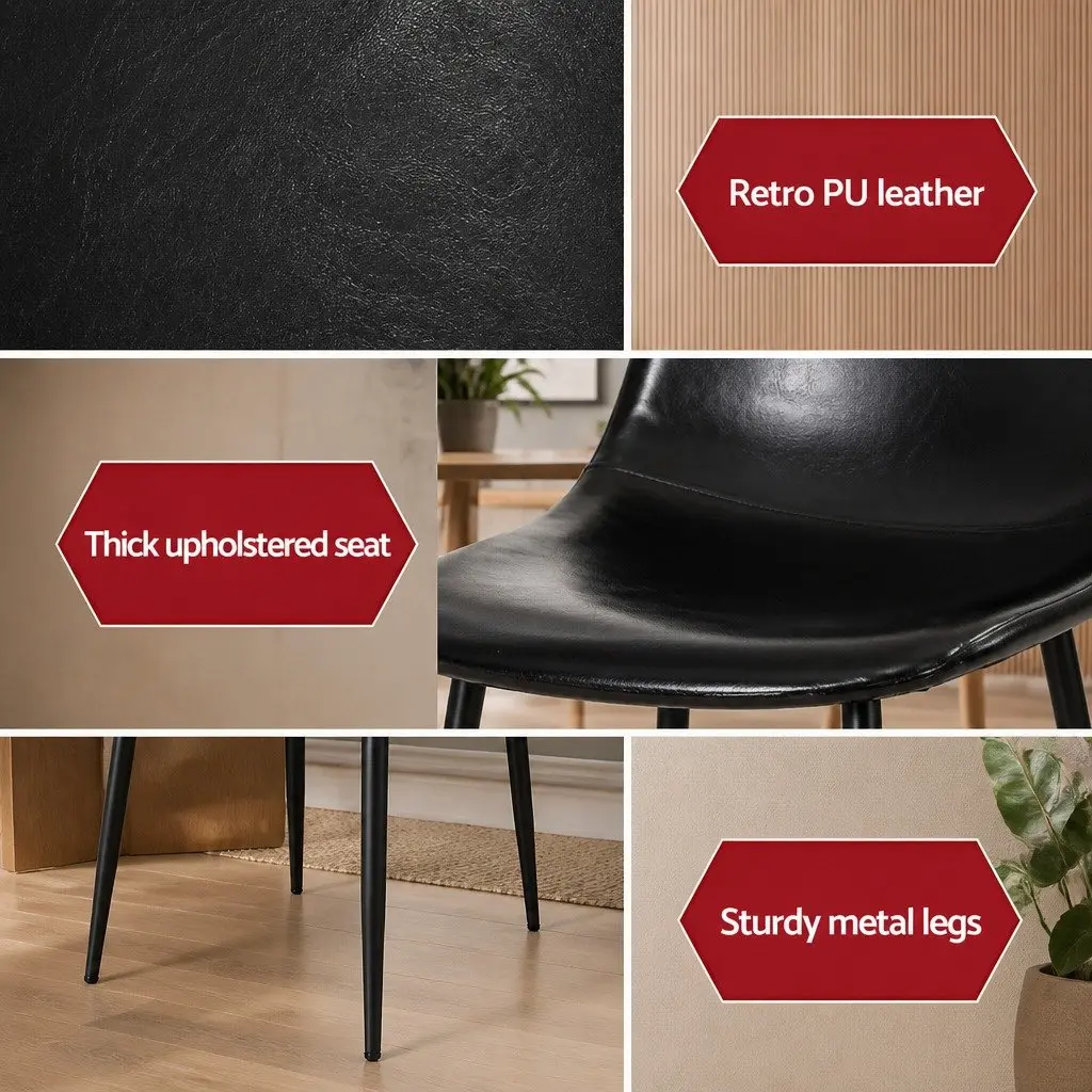 Dining Chairs Retro Black PU Leather Metal Legs Set of 4