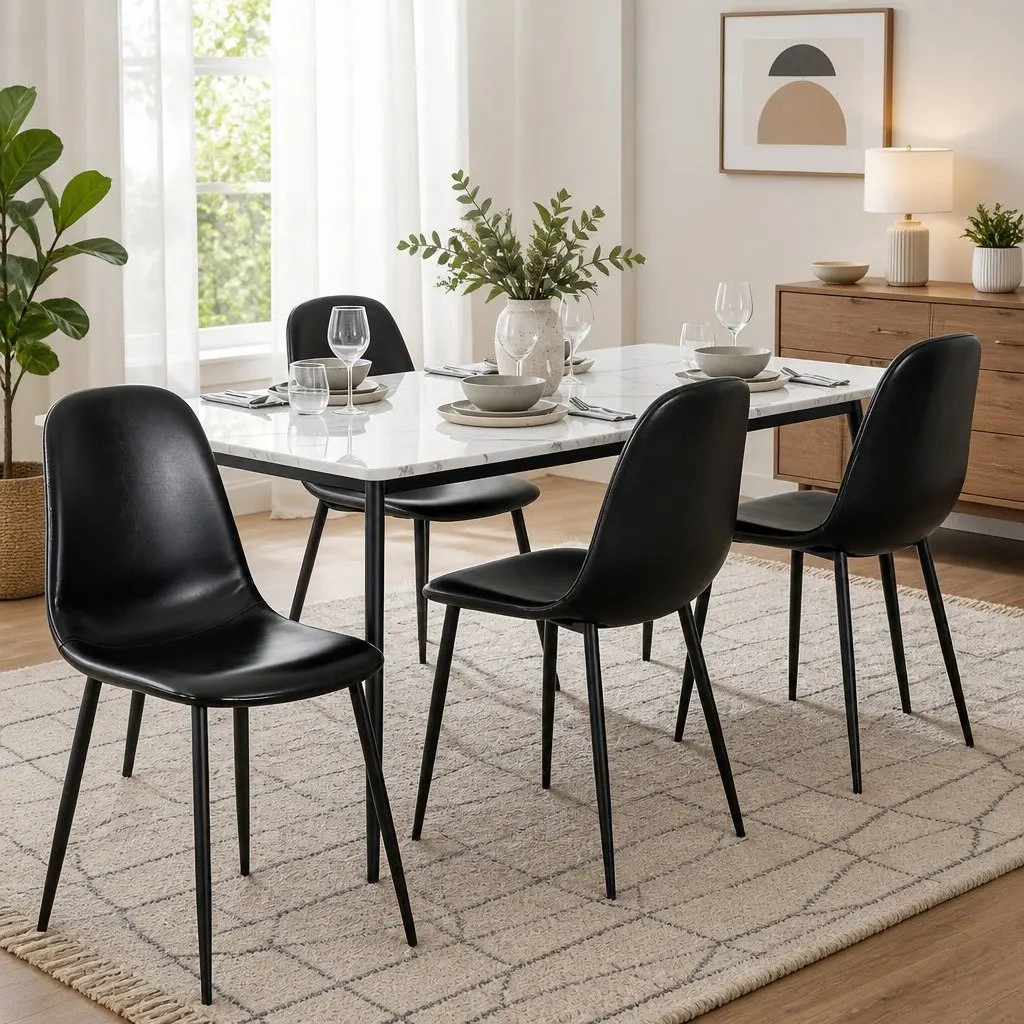 Dining Chairs Retro Black PU Leather Metal Legs Set of 4