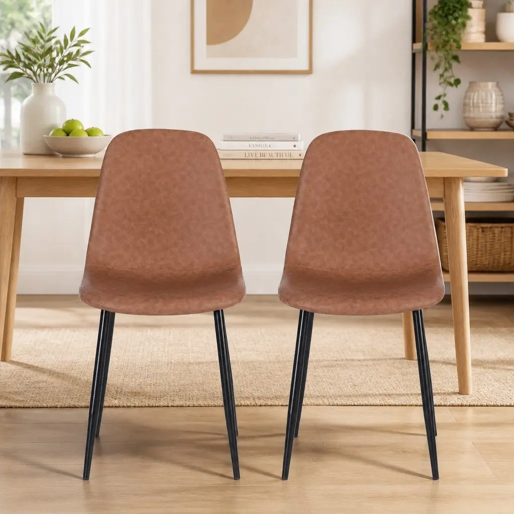 Dining Chairs Retro Brown PU Leather Metal Legs Set of 2