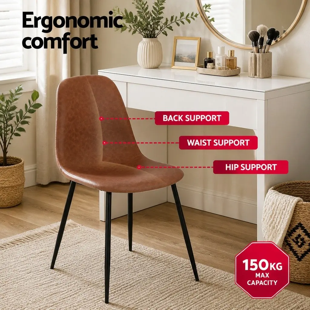 Dining Chairs Retro Brown PU Leather Metal Legs Set of 2
