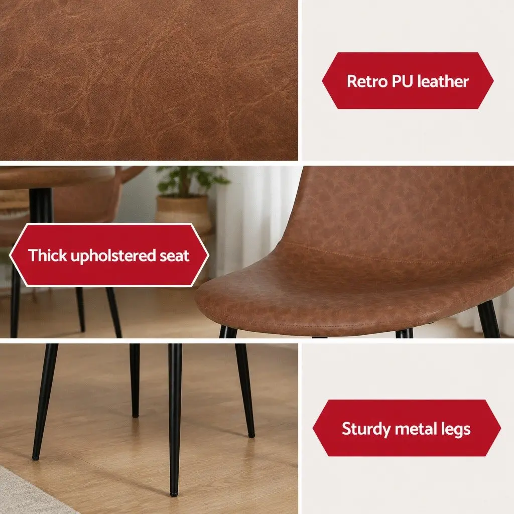Dining Chairs Retro Brown PU Leather Metal Legs Set of 2