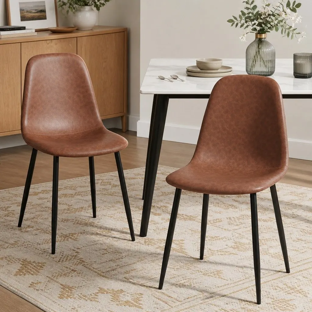 Dining Chairs Retro Brown PU Leather Metal Legs Set of 2