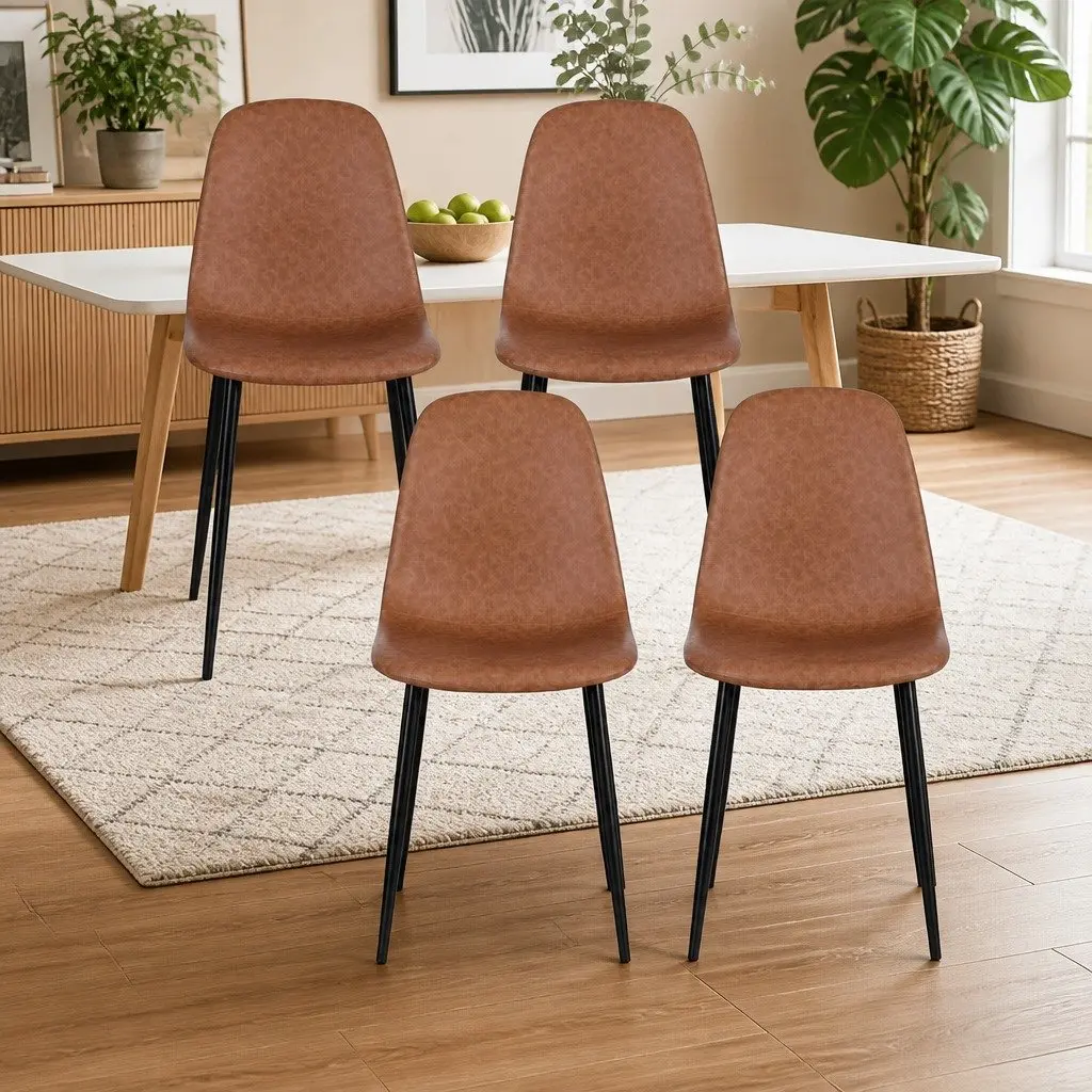 Dining Chair Retro Brown PU Leather Set of 4 Metal Legs