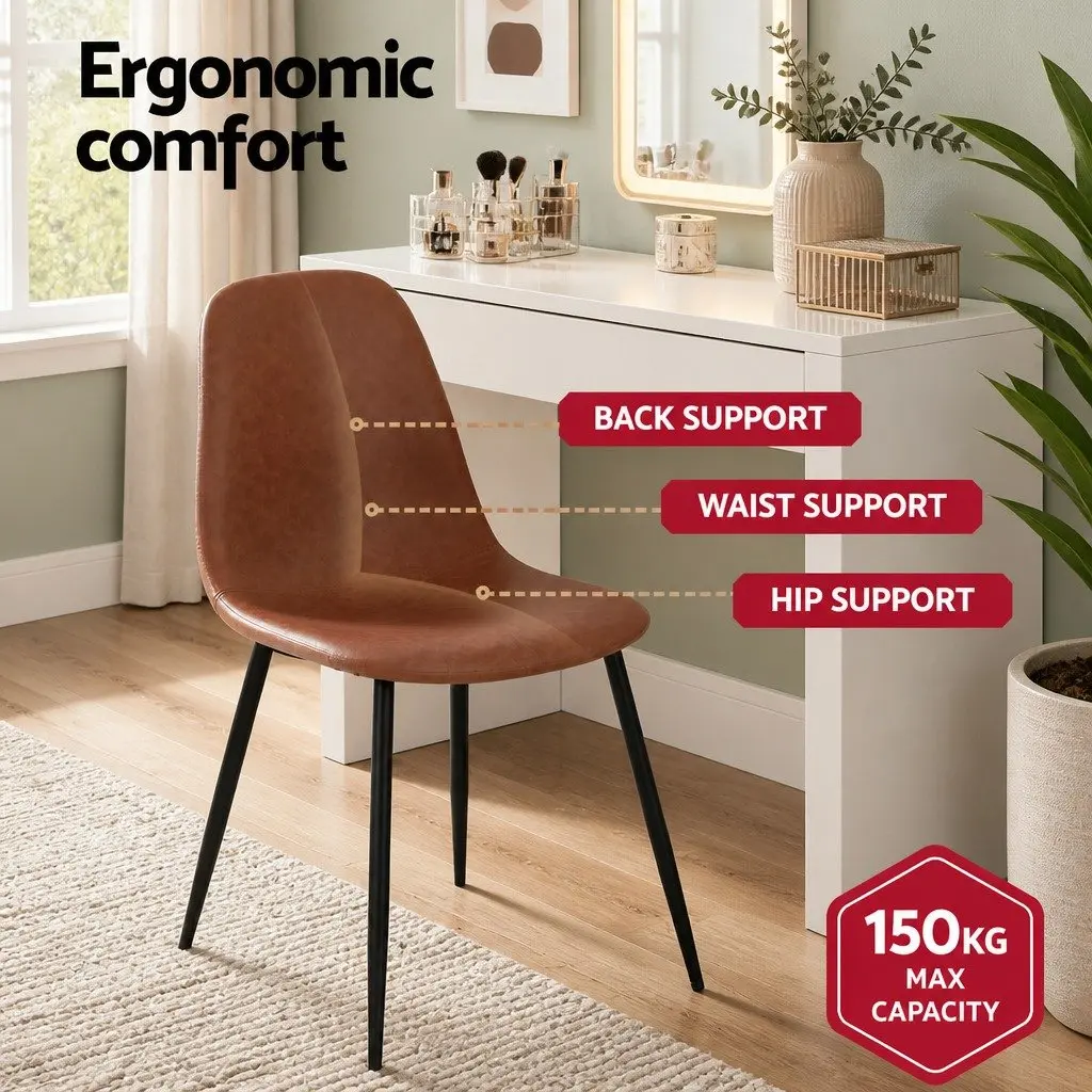 Dining Chair Retro Brown PU Leather Set of 4 Metal Legs