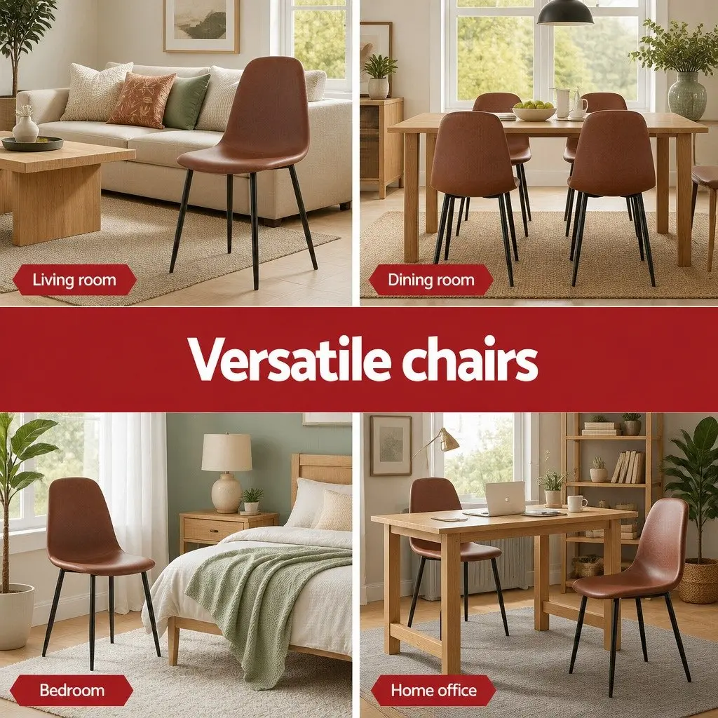 Dining Chair Retro Brown PU Leather Set of 4 Metal Legs