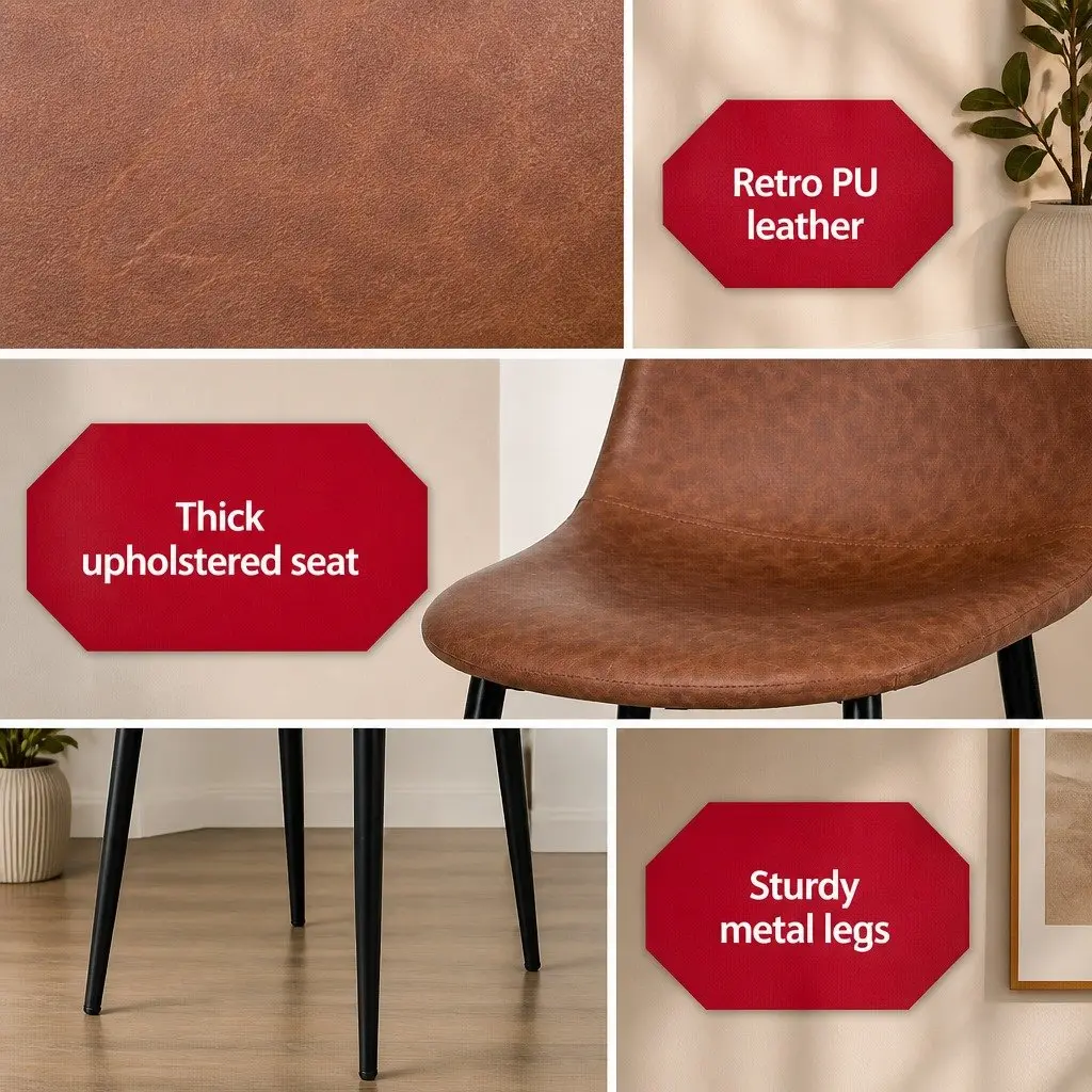 Dining Chair Retro Brown PU Leather Set of 4 Metal Legs