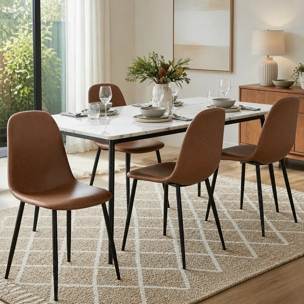 Dining Chair Retro Brown PU Leather Set of 4 Metal Legs