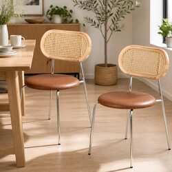 Set of 2 PU Leather Dining Chairs with Rattan Backrest
