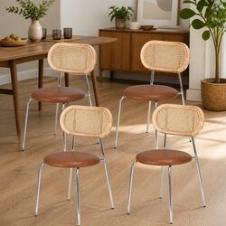Set of 4 Comfortable Dining Chairs with Rattan Backrest
