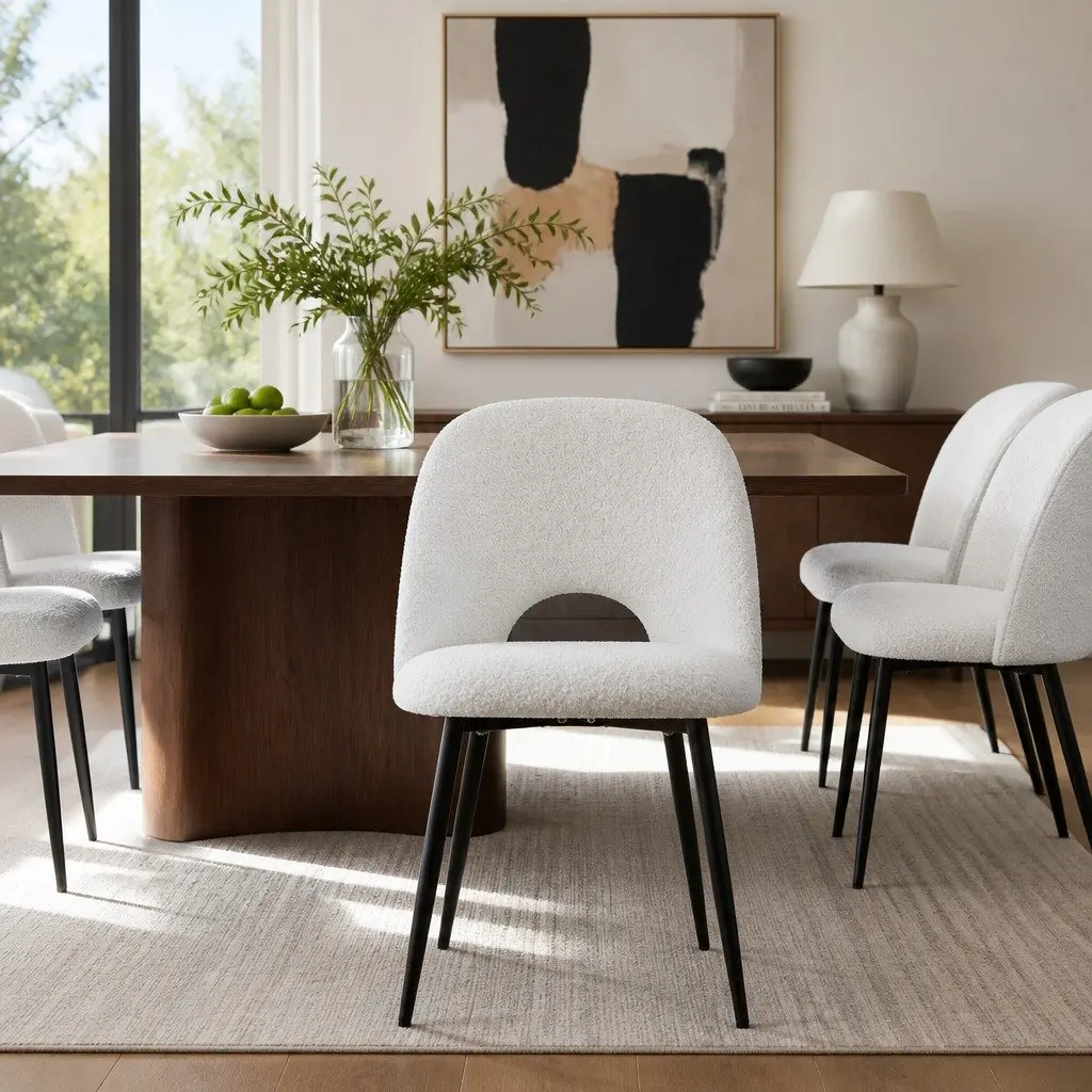 Dining Chair Set of 2 Sherpa Upholstery White Kitchen Seating Curved Backrest