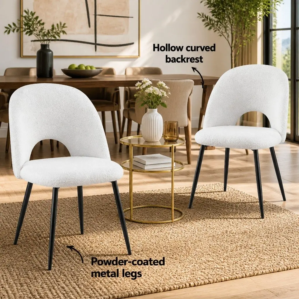 Dining Chair Set of 2 Sherpa Upholstery White Kitchen Seating Curved Backrest