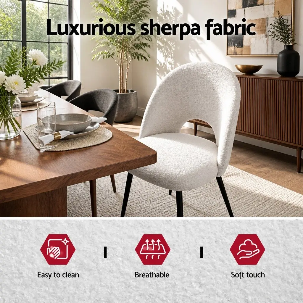 Dining Chair Set of 2 Sherpa Upholstery White Kitchen Seating Curved Backrest