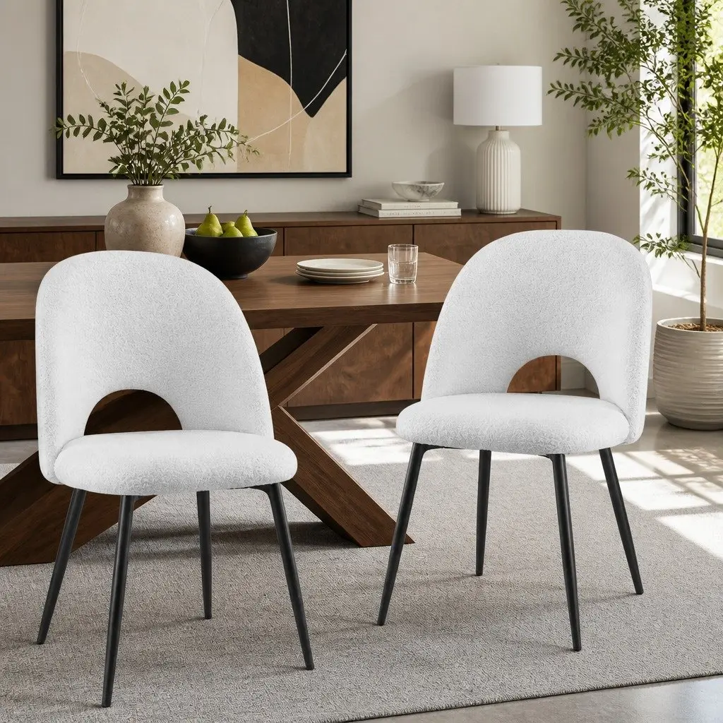 Dining Chair Set of 2 Sherpa Upholstery White Kitchen Seating Curved Backrest