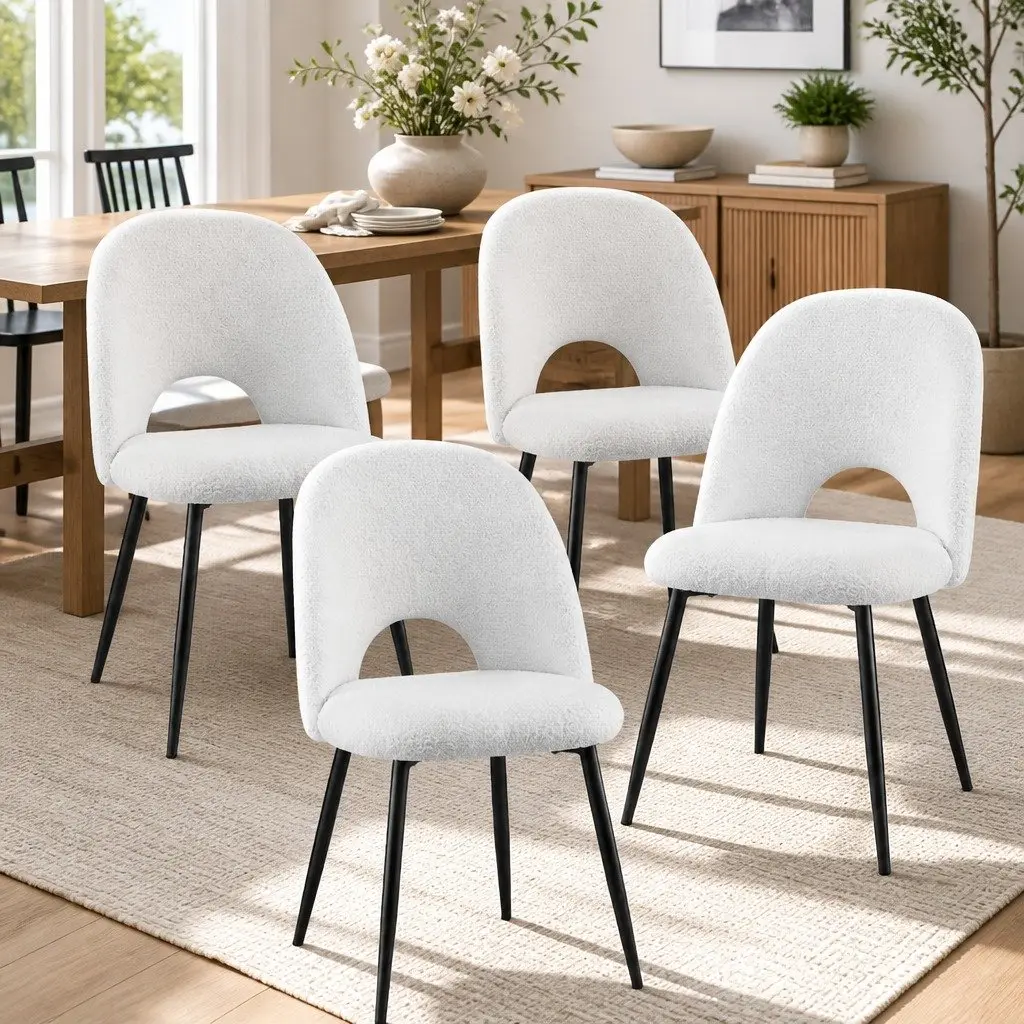 Set of 4 Curved Backrest Dining Chairs White Sherpa Fabric Kitchen Seating