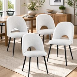 Set of 4 White Boucle Sherpa Dining Chairs with Curved Backrest
