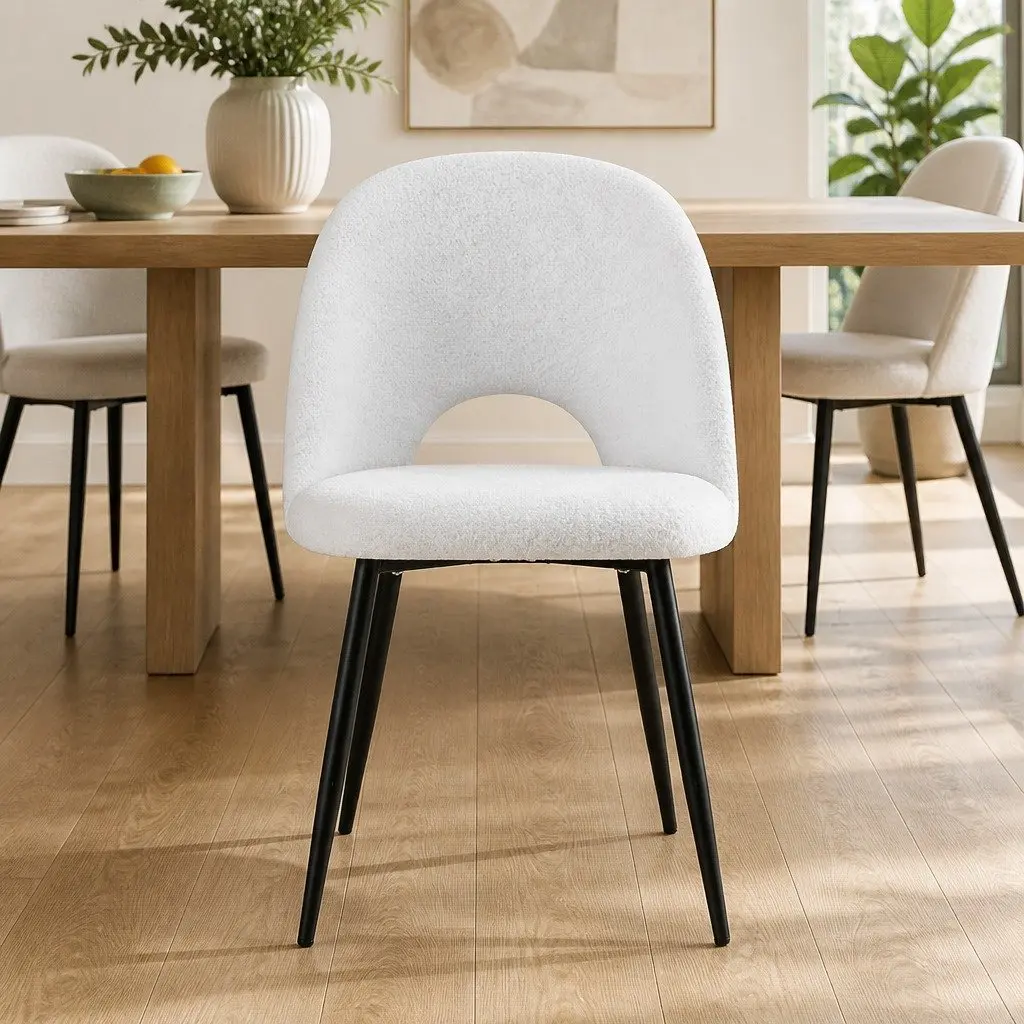 Set of 4 Curved Backrest Dining Chairs White Sherpa Fabric Kitchen Seating