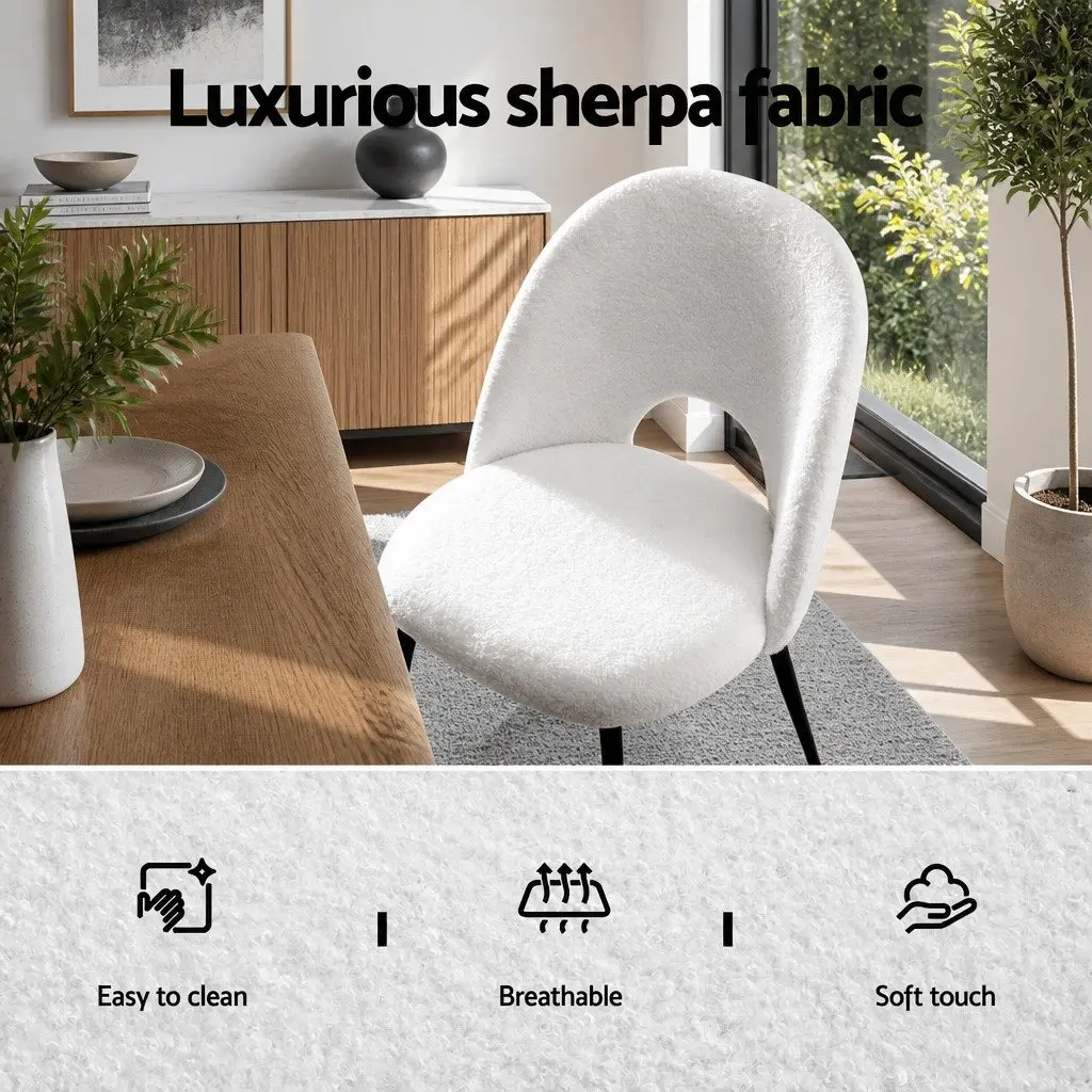 Set of 4 Curved Backrest Dining Chairs White Sherpa Fabric Kitchen Seating