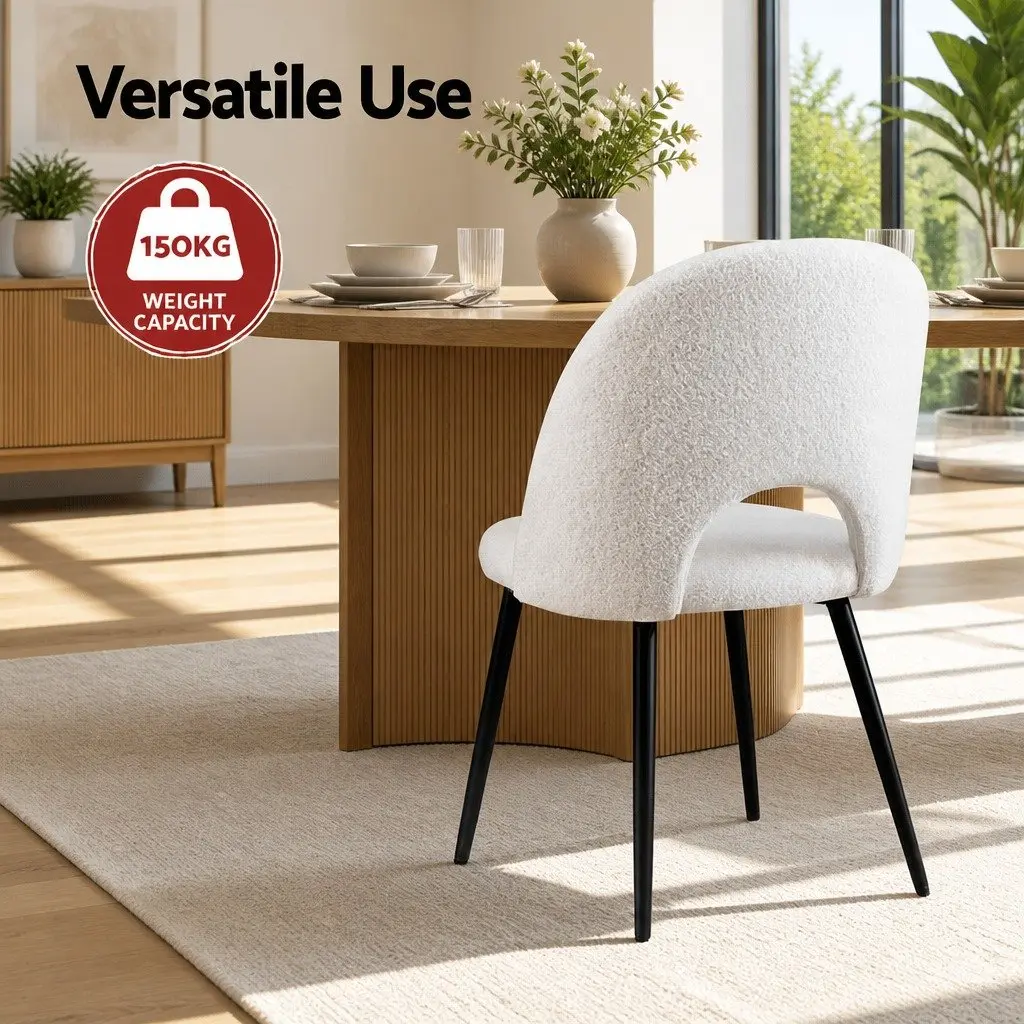 Set of 4 Curved Backrest Dining Chairs White Sherpa Fabric Kitchen Seating