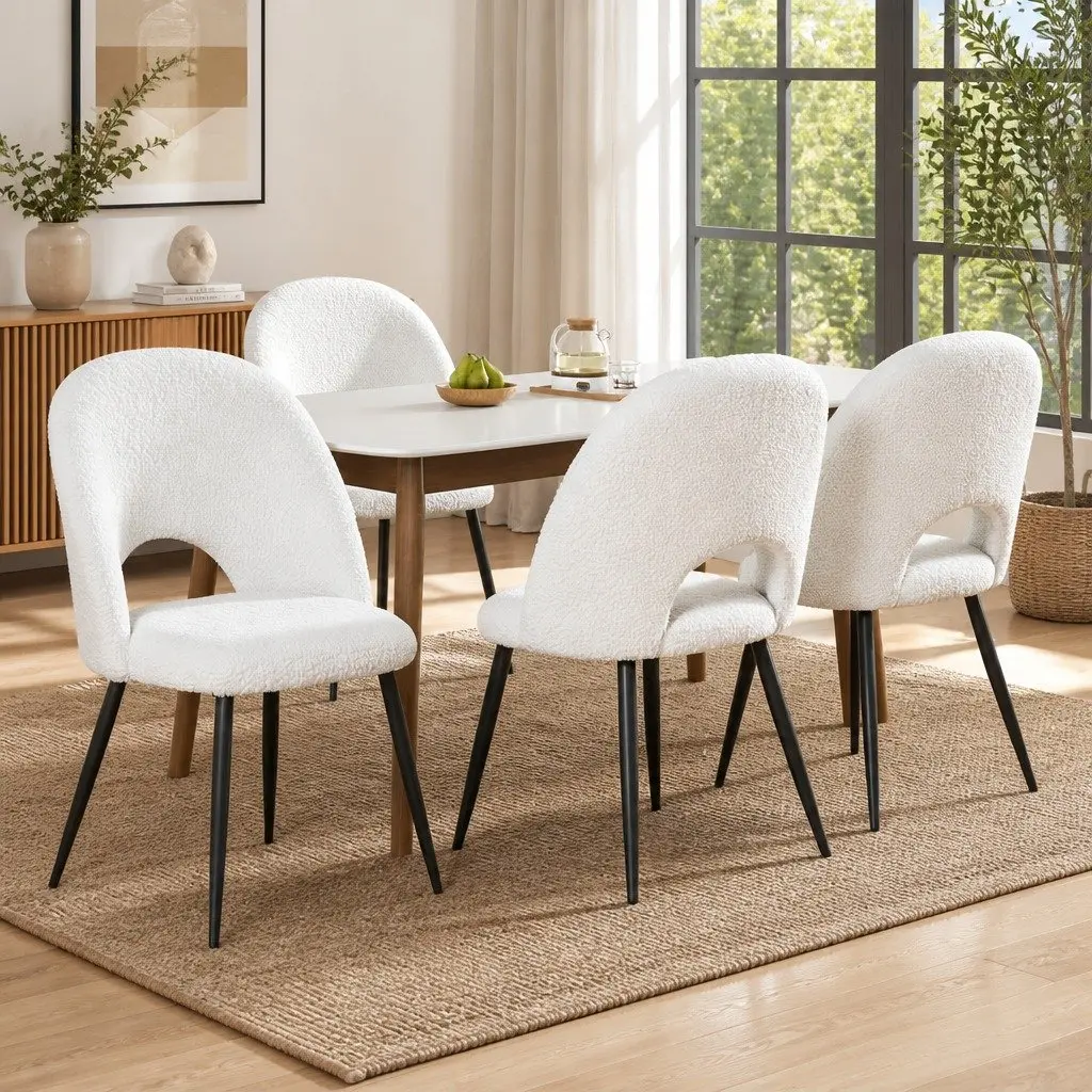 Set of 4 Curved Backrest Dining Chairs White Sherpa Fabric Kitchen Seating