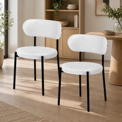 Set of 2 White Sherpa Boucle Dining Chairs with Curvy Backrest
