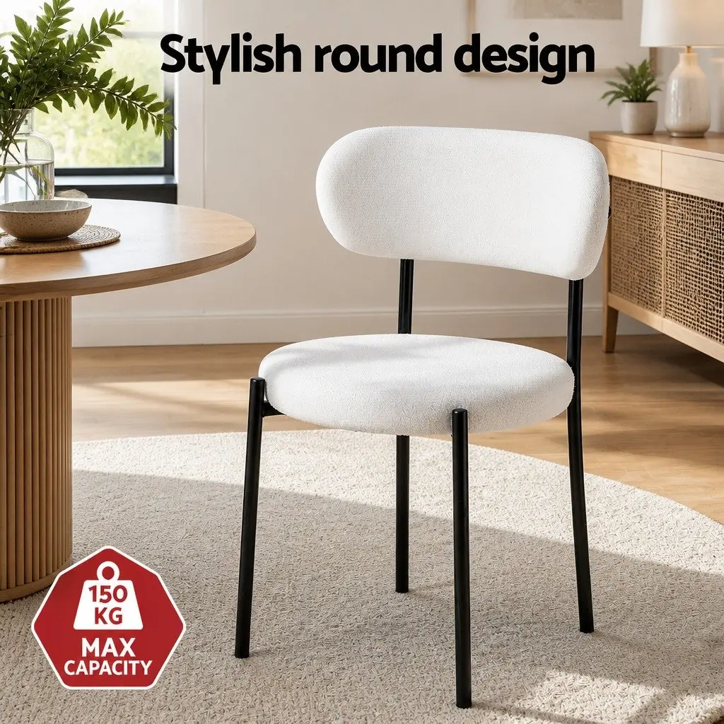 Dining Chairs Set of 2 Sherpa Boucle White Curvy Backrest Round Design Soft