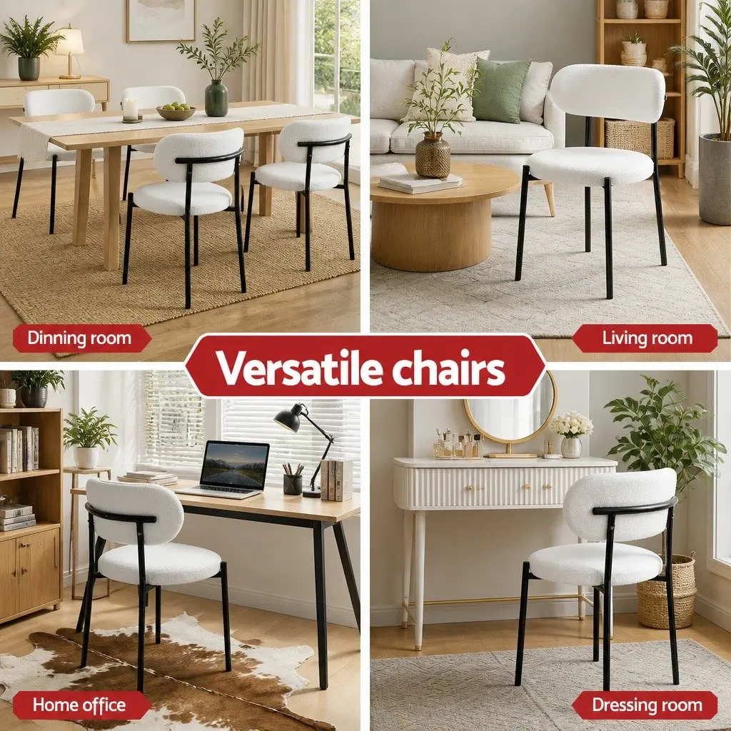 Dining Chairs Set of 2 Sherpa Boucle White Curvy Backrest Round Design Soft