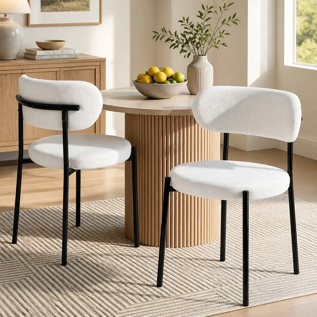 Dining Chairs Set of 2 Sherpa Boucle White Curvy Backrest Round Design Soft