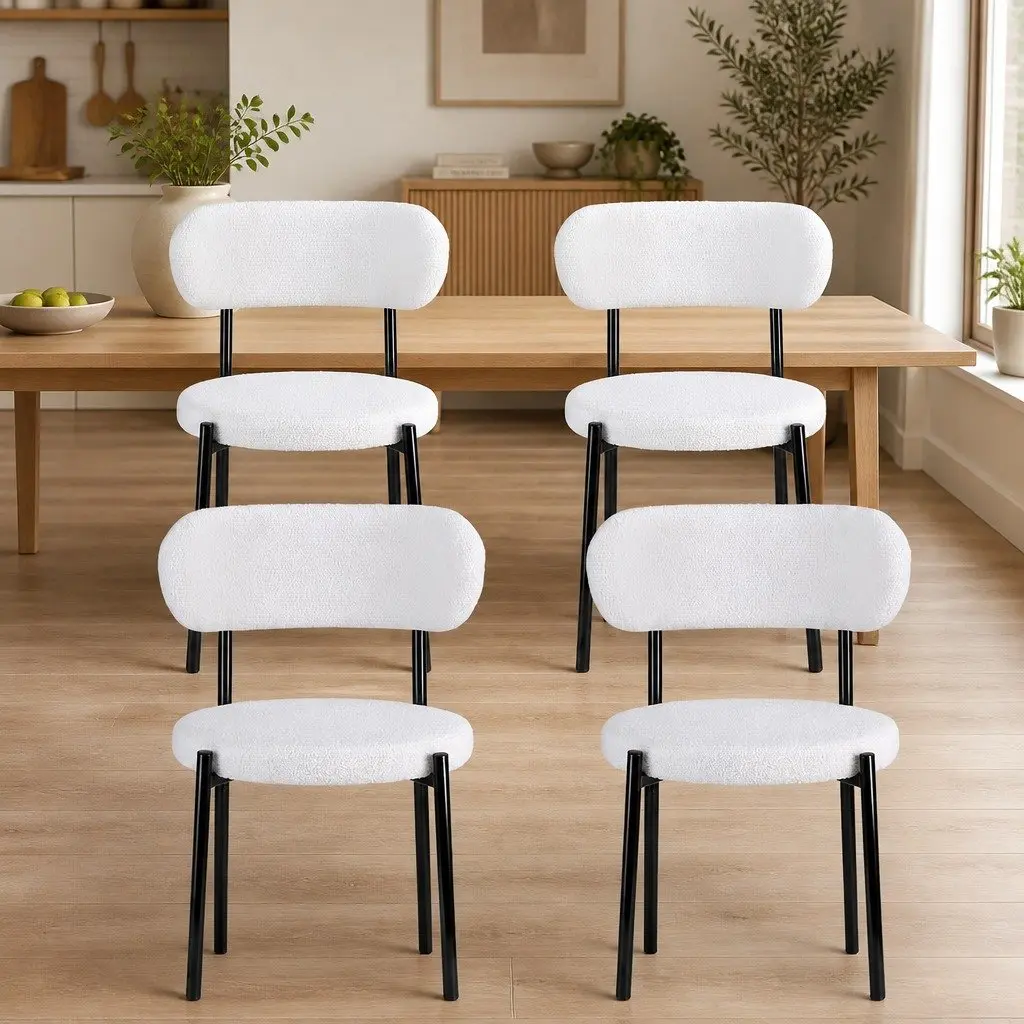 Dining Chairs White Sherpa Boucle Upholstered Round Seat Curved Backrest Metal Legs Set of 4