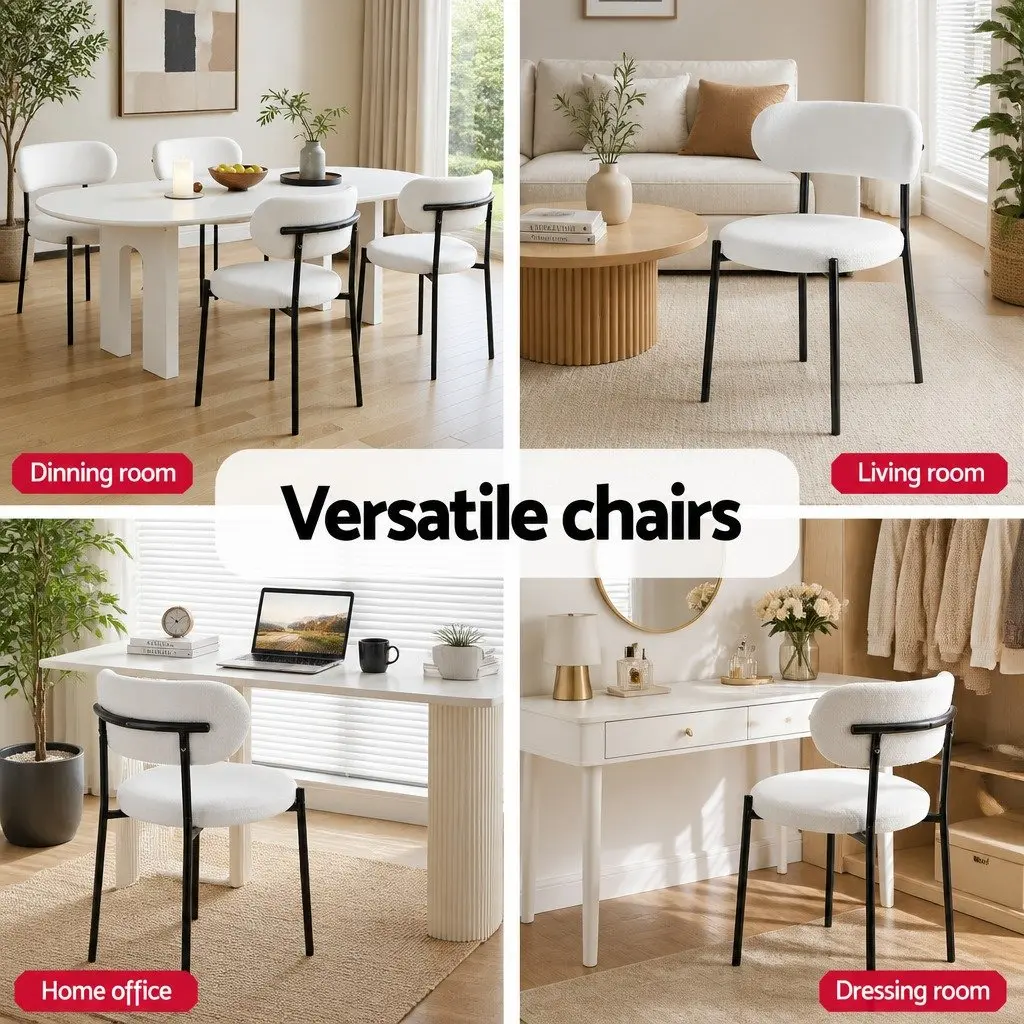 Dining Chairs White Sherpa Boucle Upholstered Round Seat Curved Backrest Metal Legs Set of 4