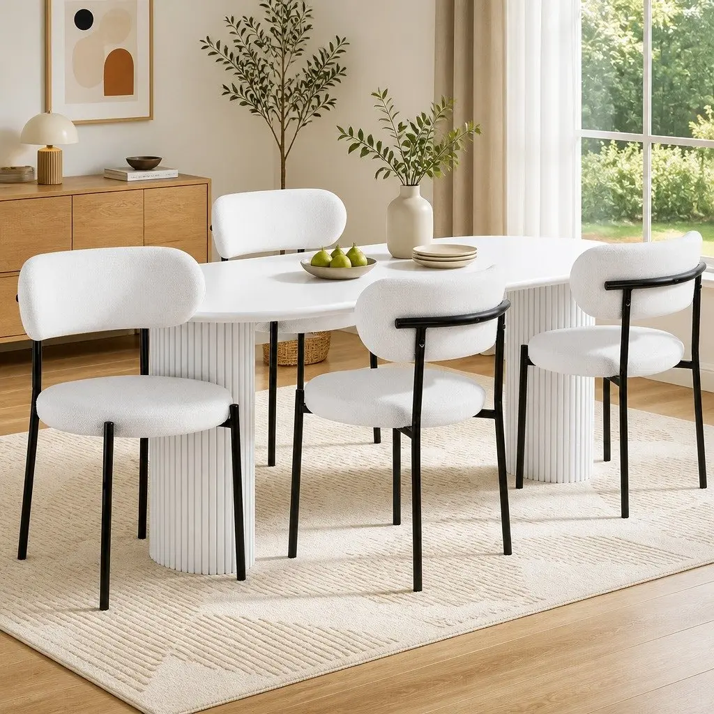 Dining Chairs White Sherpa Boucle Upholstered Round Seat Curved Backrest Metal Legs Set of 4