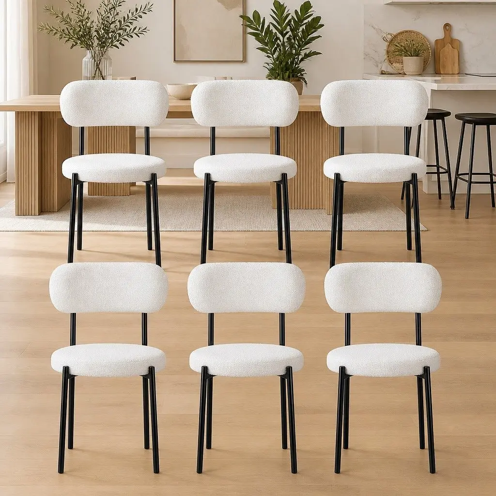 Set of 6 White Sherpa Boucle Upholstered Dining Chairs