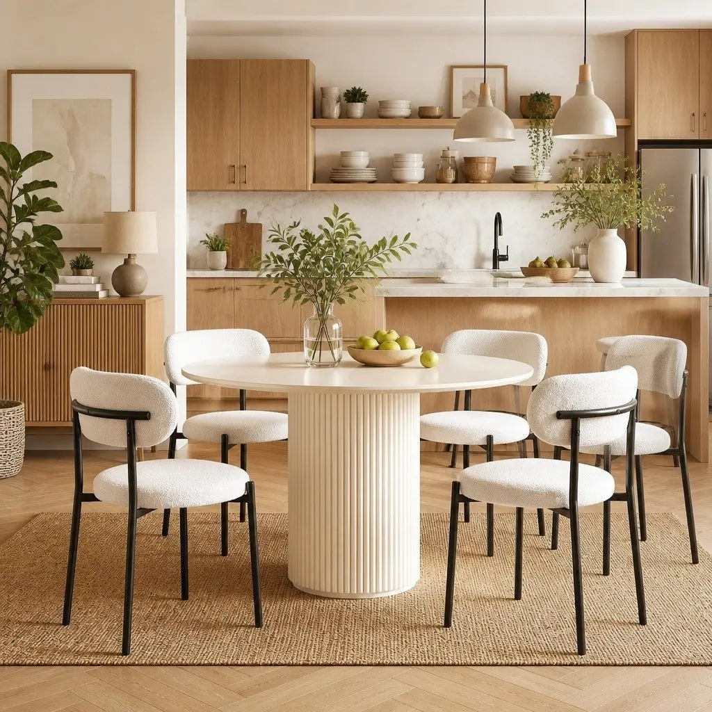 Set of 6 White Sherpa Boucle Upholstered Dining Chairs