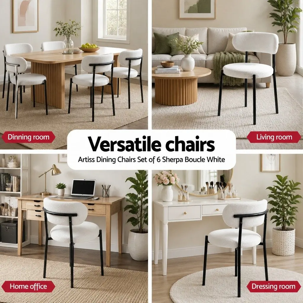 Set of 6 White Sherpa Boucle Upholstered Dining Chairs