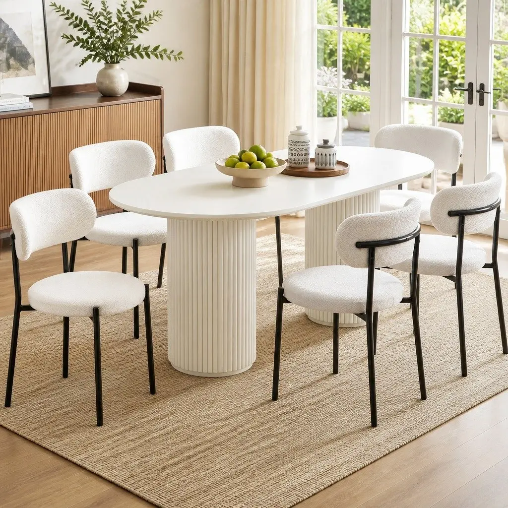 Set of 6 White Sherpa Boucle Upholstered Dining Chairs