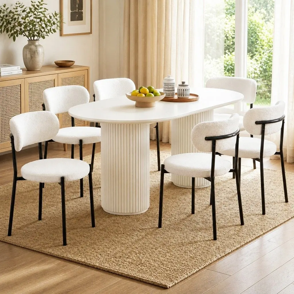 Set of 6 White Sherpa Boucle Upholstered Dining Chairs