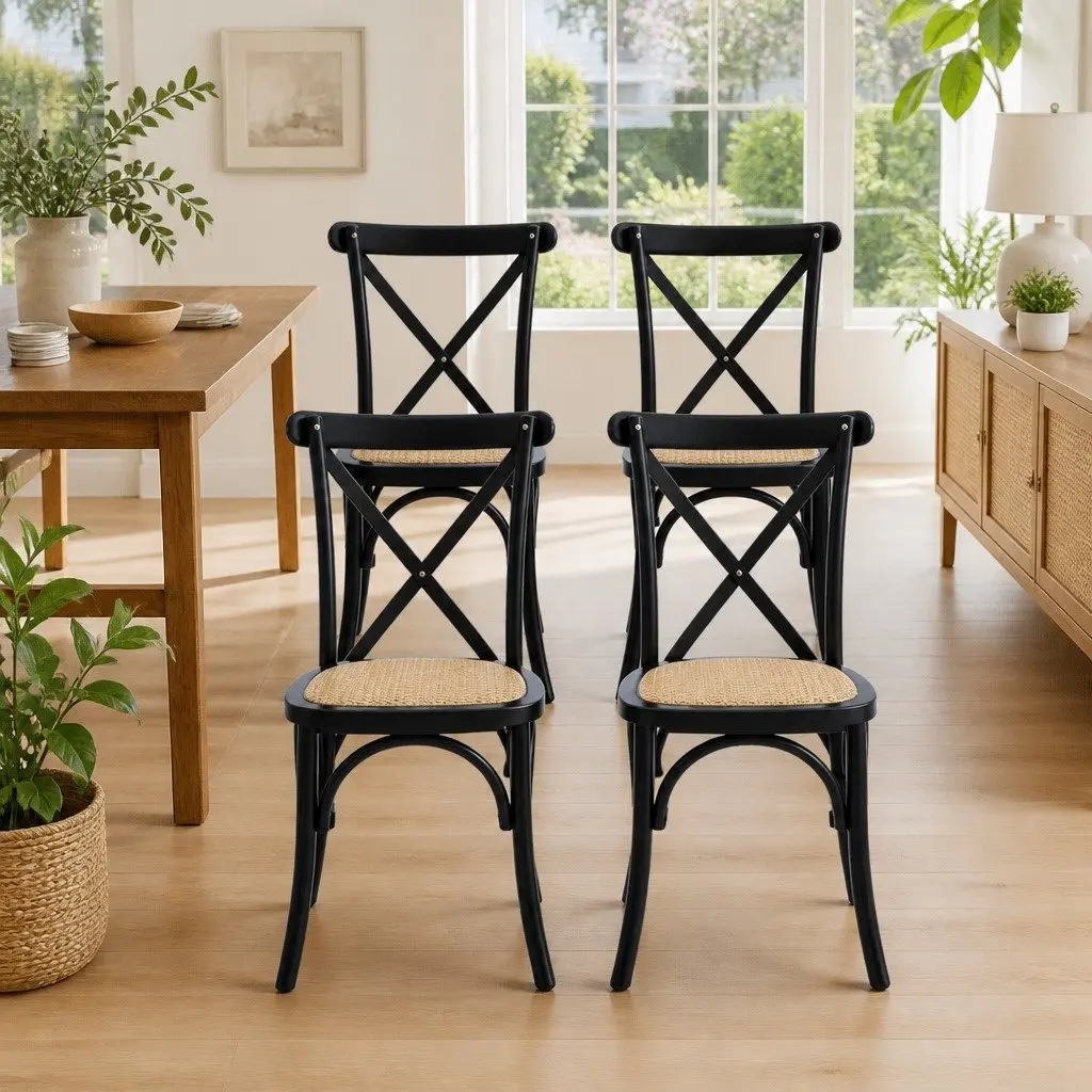Dining Chairs Rattan Seat Wooden Frame Ergonomic Curved Backrest Black Set of Four
