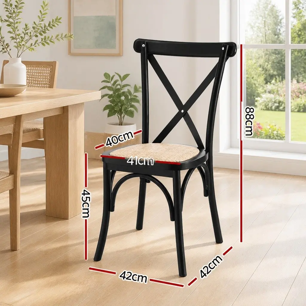 Dining Chairs Rattan Seat Wooden Frame Ergonomic Curved Backrest Black Set of Four