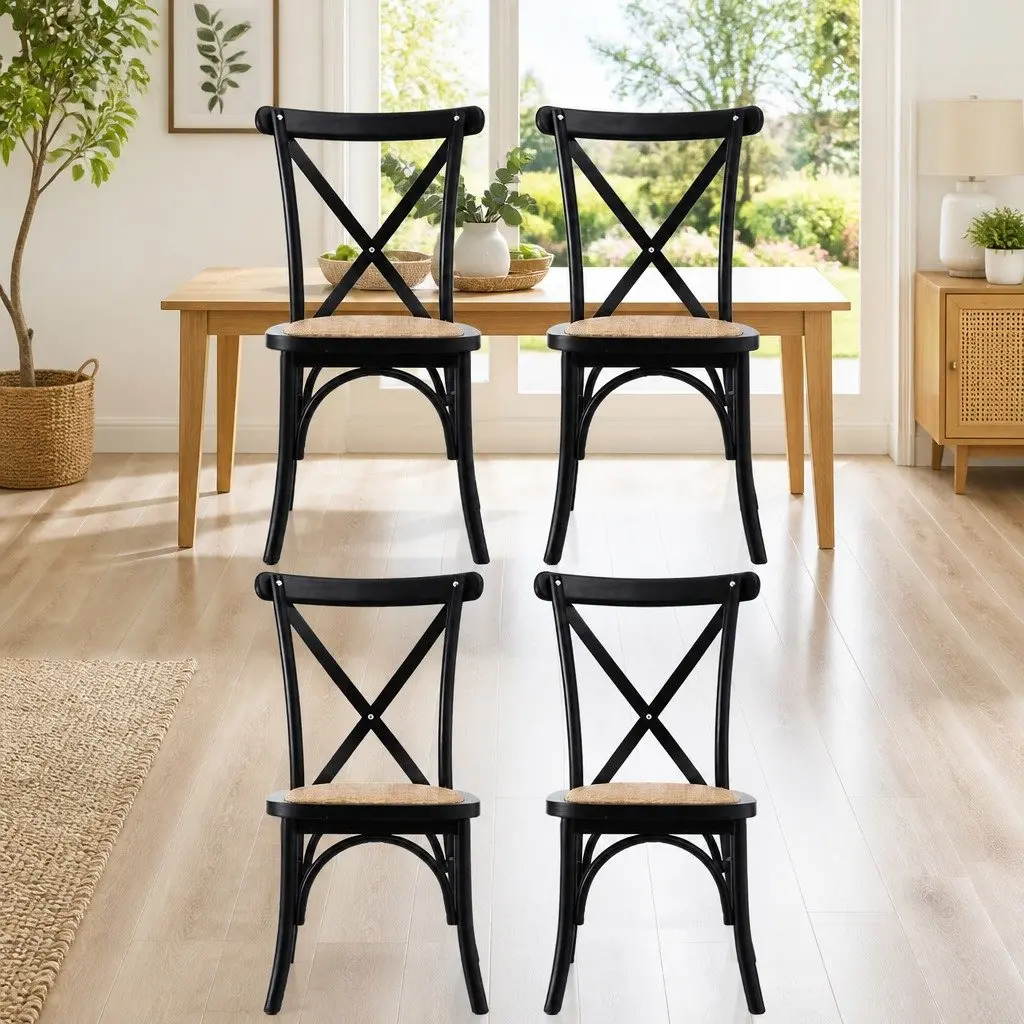 Dining Chairs Rattan Seat Wooden Frame Ergonomic Curved Backrest Black Set of Four